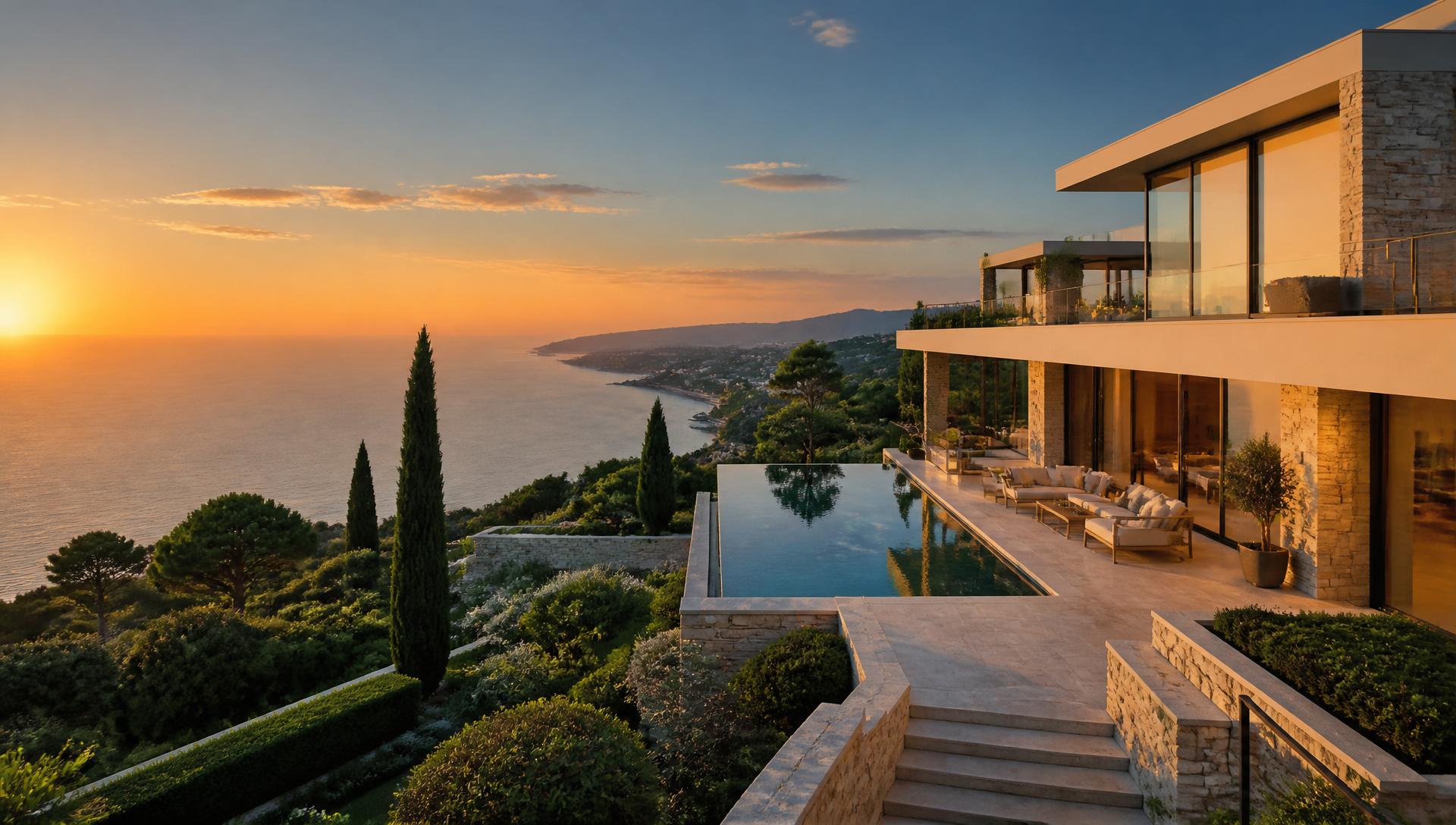 Villa de luxe contemporaine avec piscine à débordement face à la Méditerranée sur la Côte d'Azur, coucher de soleil