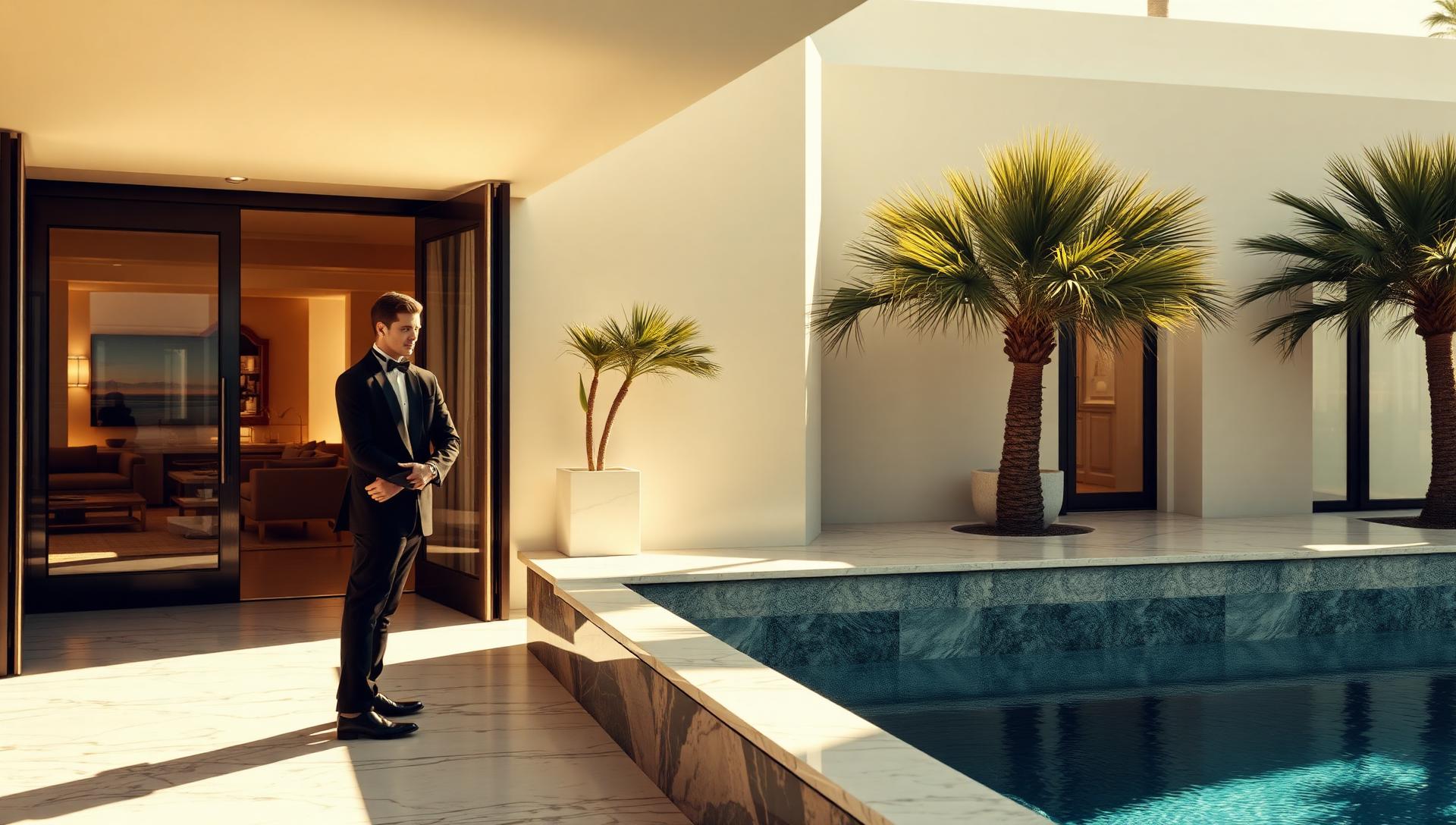 Majordome en tenue élégante accueillant des clients à l'entrée d'une villa de luxe sur la Côte d'Azur