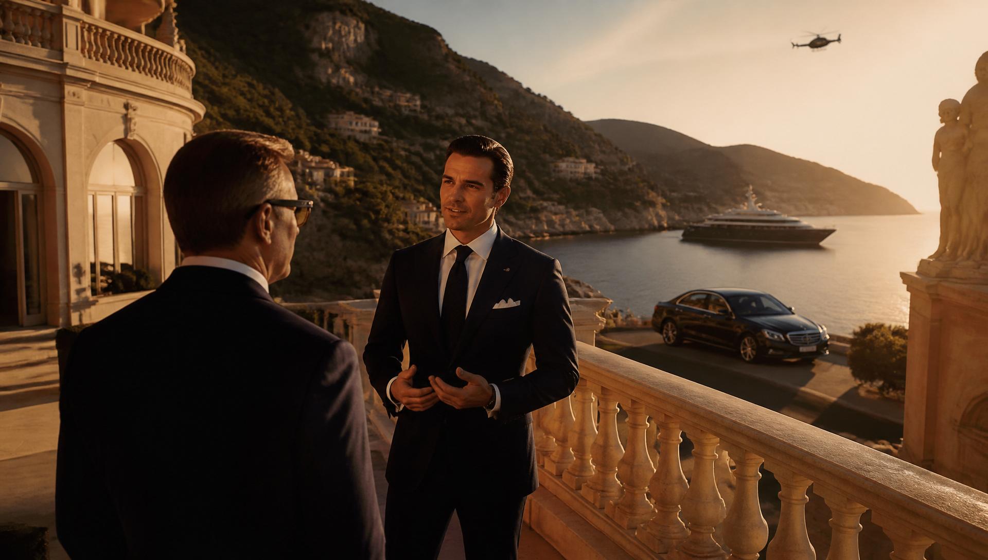 Lifestyle Manager Alpha Luxury en conversation avec un client sur la terrasse d'un palace de la Côte d'Azur, avec une Mercedes Classe S, un yacht et un hélicoptère en arrière-plan
