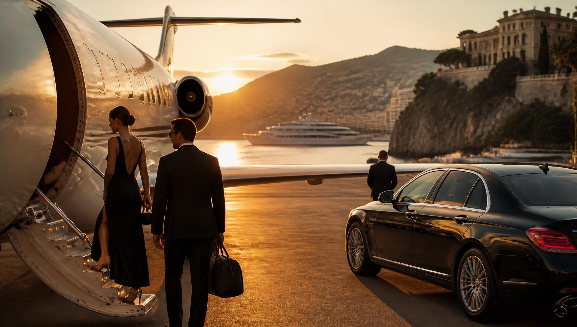 Couple élégant embarquant à bord d'un jet privé au coucher du soleil sur la Côte d'Azur, Mercedes Classe S et yacht en arrière-plan
