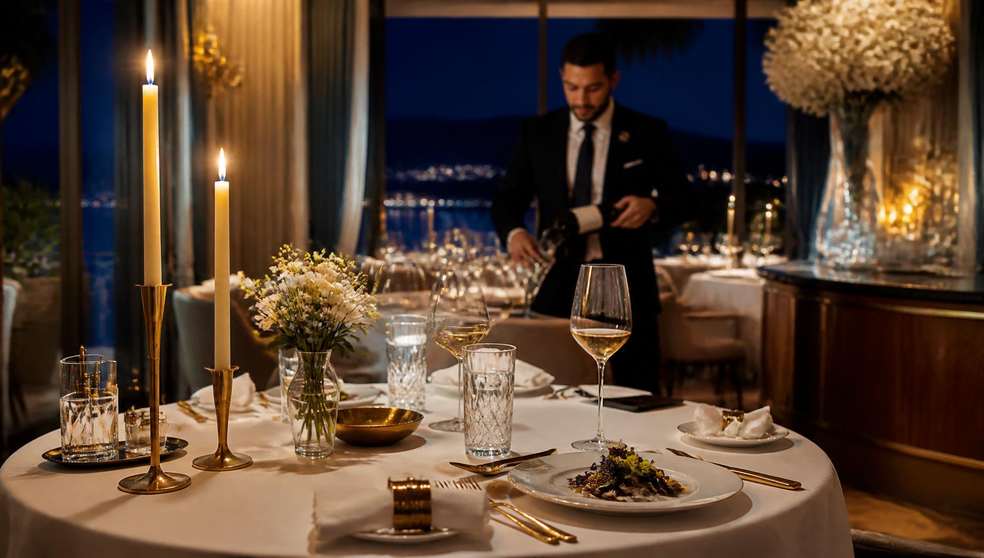 Table gastronomique dressée avec candélabres, cristal et couverts dorés dans un restaurant étoilé face à la Méditerranée