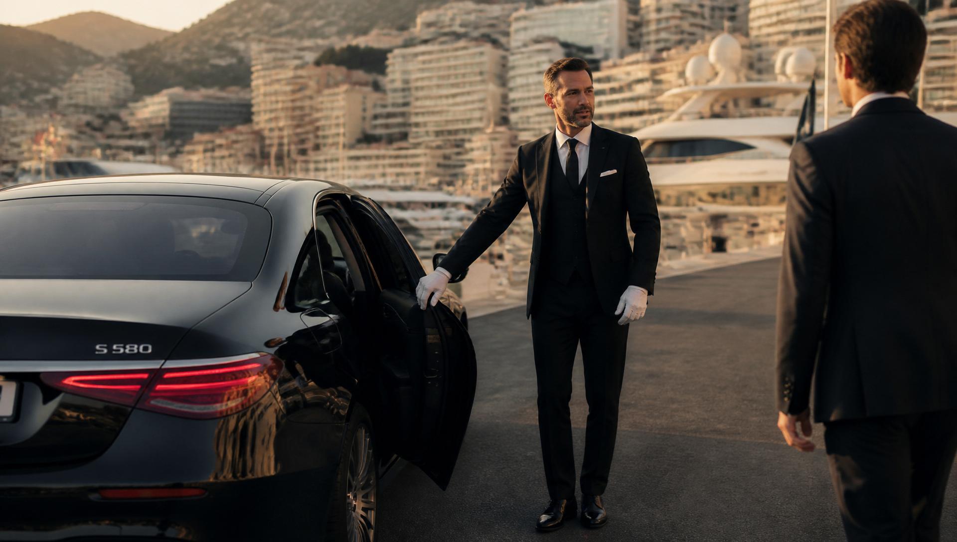 Chauffeur privé Alpha Luxury en costume ouvrant la portière d'une Mercedes Classe S sur le port de Monaco